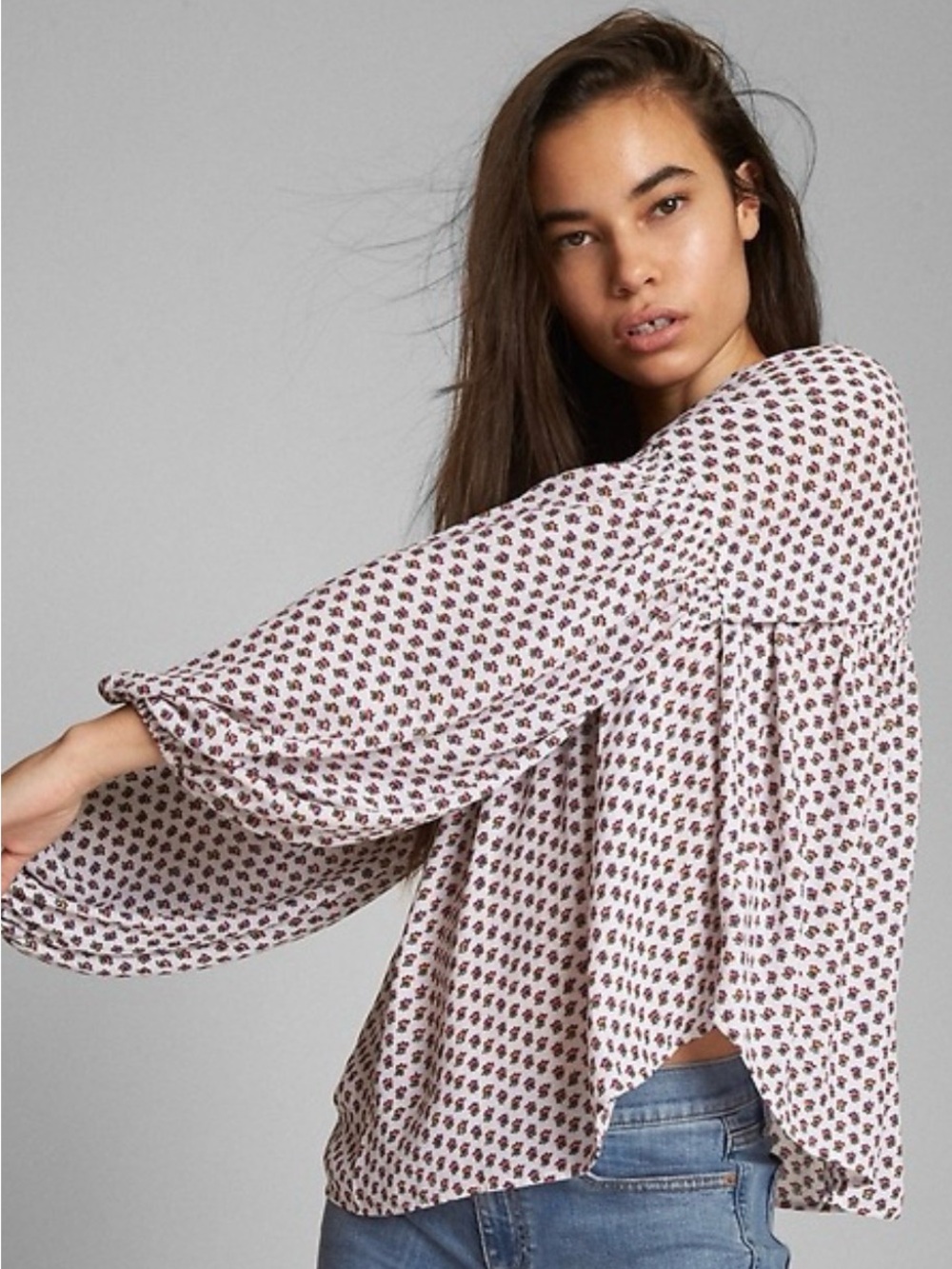 Floral V-Neck Blouson Sleeve Peasant Blouse Top White Small